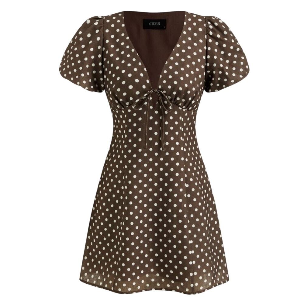 Cider V-neck Puff Sleeve Polka Dot Knotted Brown & White Mini Dress 8